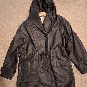 Elegant Black Leather Hooded Jacket